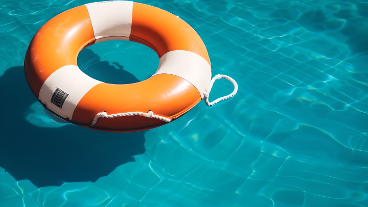 橙色救生圈在蓝色背景的游泳池中的摄影版权图片下载