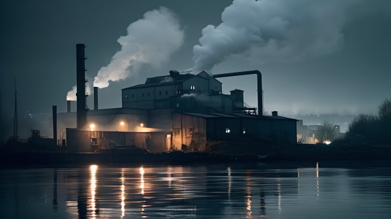 烟雾缭绕的水上工厂摄影图片