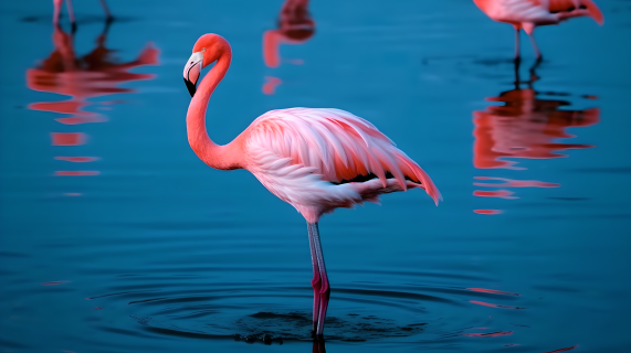 粉红火烈鸟在水面上行走的摄影图片