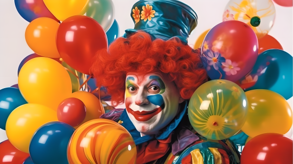 五彩缤纷的气球和鲜花的小丑摄影图
