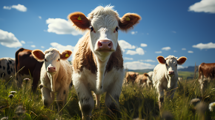 天蓝色和深红色的牛群和小牛在草地上的摄影版权图片下载