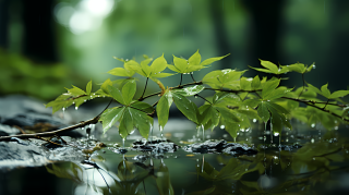 雨点洒落在树叶上的摄影图片