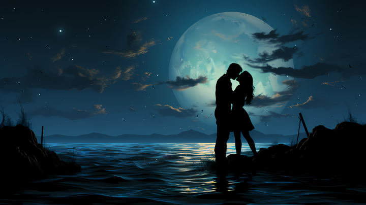 浪漫夜海之下的热吻摄影图版权图片下载