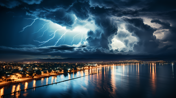 暴雨袭击城市和山脉的闪电摄影图片