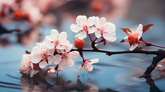 粉色樱花树枝池塘旁摄影图