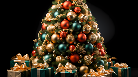 真实的圣诞树与金色装饰品隔离在白色背景上的摄影图片