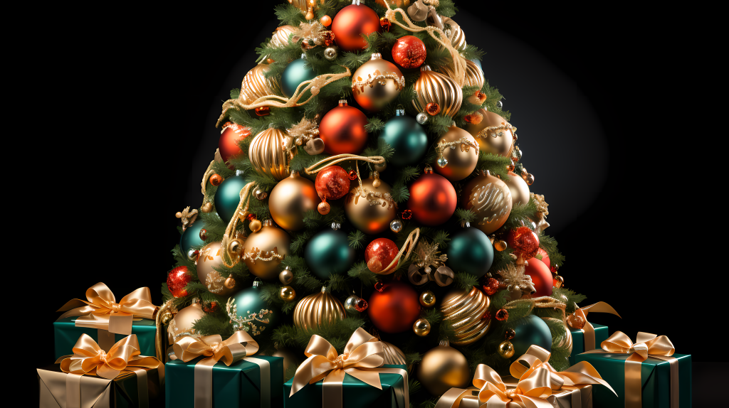 真实的圣诞树与金色装饰品隔离在白色背景上的摄影图片