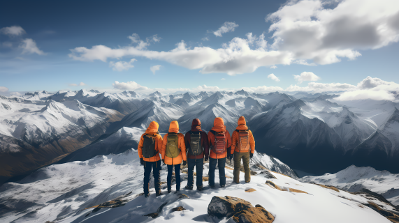 登上雪山顶上的五个人摄影图片