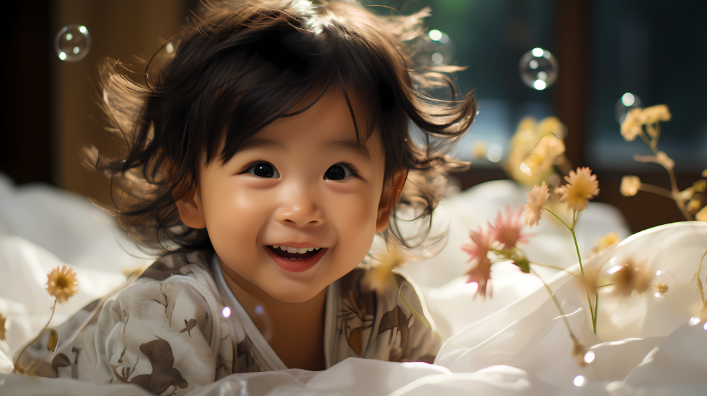 婴儿与肥皂泡摄影图