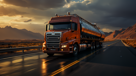 铬镀装的大卡车在高速公路上行驶高品质摄影图片