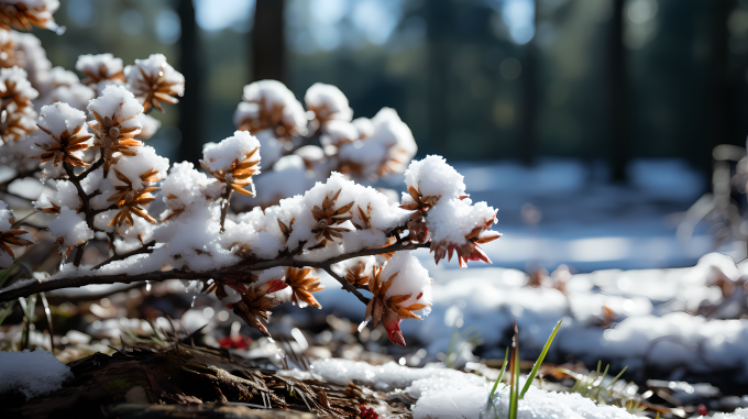 雪覆柏树枝干摄影图