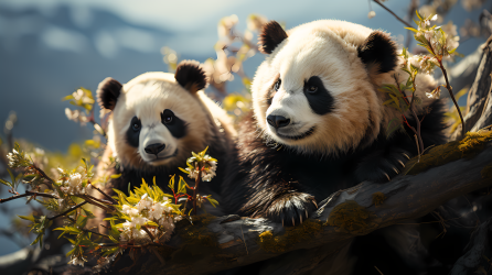 山间两只熊猫居高临下摄影图