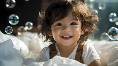 白床上的亚洲婴儿戏弄肥皂泡摄影图片