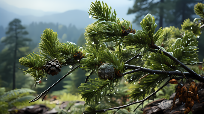 美丽的松果雨中的树摄影图片