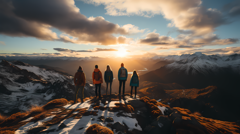 雪山之巅上的五人摄影图片