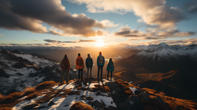 雪山之巅上的五人摄影图片