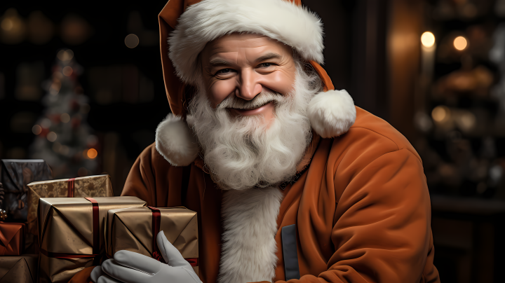 可爱圣诞老人手中的礼物摄影版权图片下载