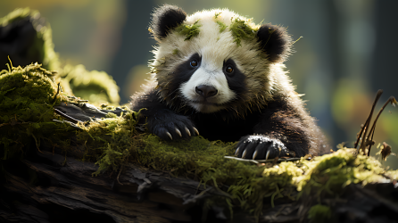 婴儿熊猫坐在苔藓覆盖的树桩上摄影图片