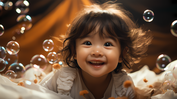 亚洲宝宝在白色床上玩弄肥皂泡摄影图片
