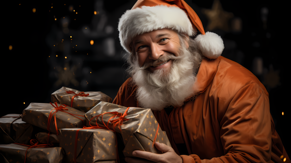 白胡子圣诞老人手持礼物的摄影图片