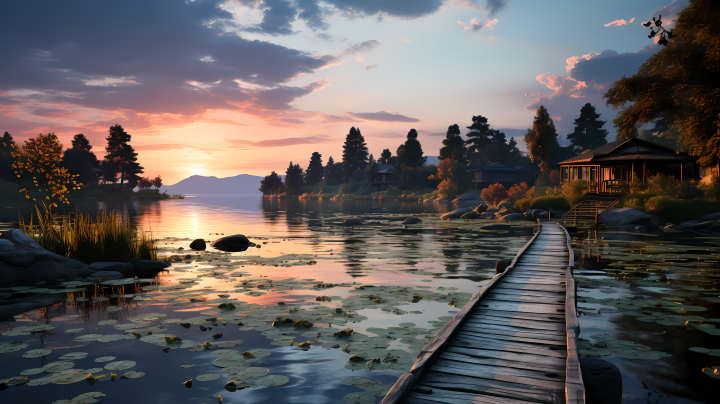 夕阳下的木板路湖景摄影版权图片下载