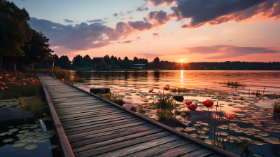 日落时分的木板人行道湖景摄影图片