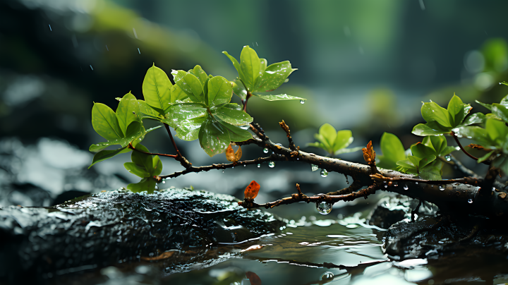 雨滴洒在树叶上的摄影版权图片下载