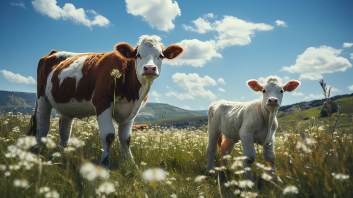牧场牛犊在草地上的摄影图版权图片下载