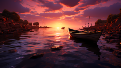 大海上的船只和粉色夕阳摄影图片