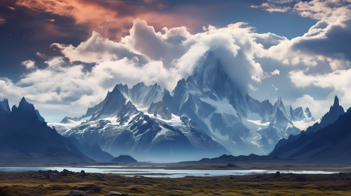 云雾缭绕之巨大山脉的梦幻摄影图版权图片下载