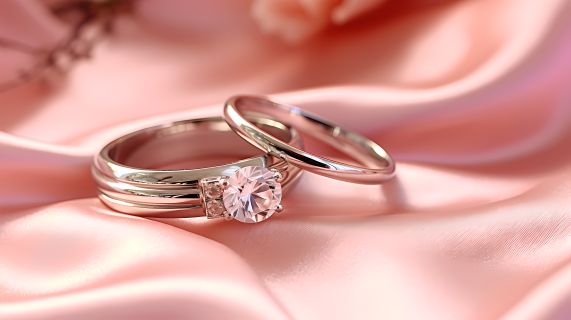 玫瑰粉绒带上堆叠的铂金和钻石戒指摄影图片