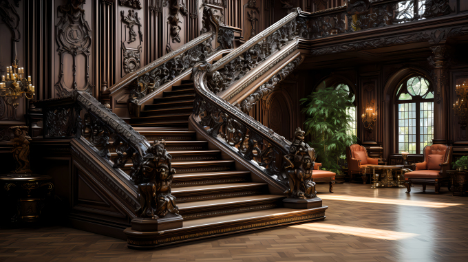 精美木质栏杆楼梯高清摄影图片