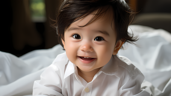 婴儿在白床上笑，中国传统风格摄影图