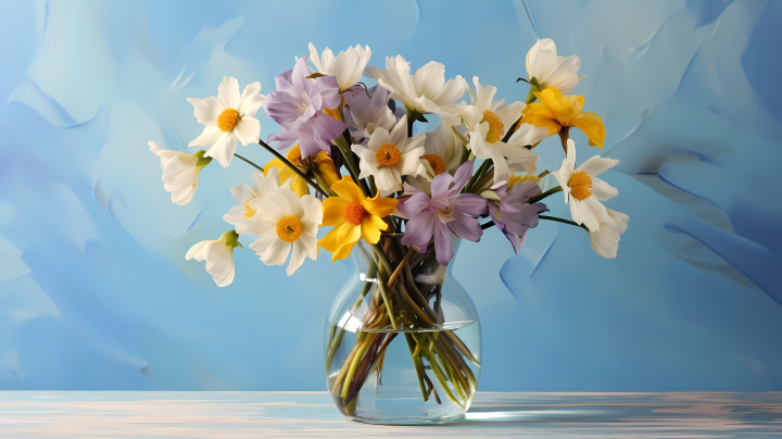 柔和的紫色和黄色光线照耀下的花瓶上的鲜花摄影版权图片下载