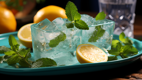 薄荷冰块与两个柠檬的蓝色盘子摄影图