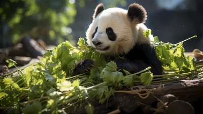 大熊猫吃竹笋摄影图片