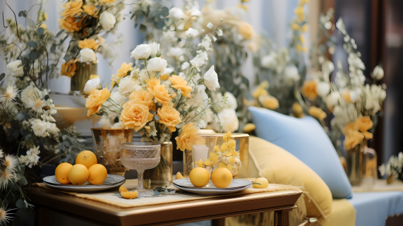 浪漫情景下的黄色花束和花瓶摄影图片