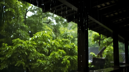 青绿色的树下雨摄影图