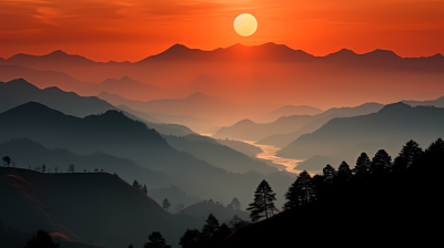 红山夕阳金色山峦摄影图
