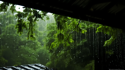 绿意盎然的雨滴覆盖树木的摄影图片
