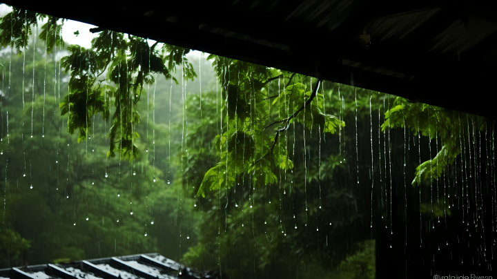 绿意盎然的雨滴覆盖树木的摄影版权图片下载