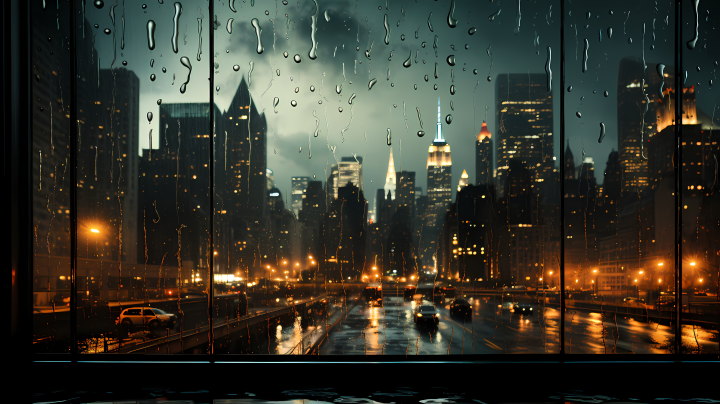 玻璃上的雨滴城市风景摄影版权图片下载