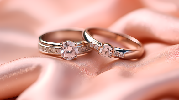 粉红色丝绸上堆叠的白金和钻石戒指摄影图片