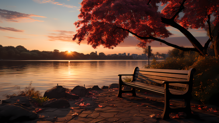 阳光照耀的湖畔长椅摄影图版权图片下载