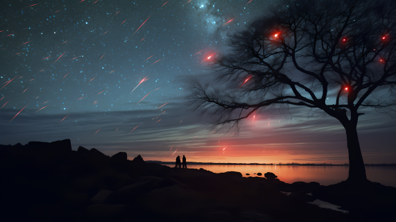 神秘夜空下树下星辰璀璨的摄影图片
