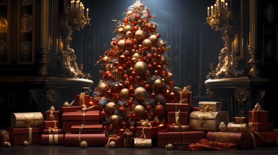 红金色纳米朋克风格圣诞树装饰摄影图片