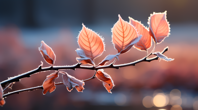 幻彩红白，冰霜覆盖的树枝上的三片干枯叶子摄影图