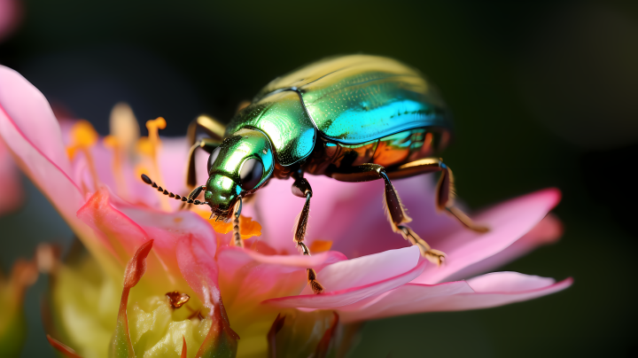 绿甲虫与粉色花朵的摄影版权图片下载