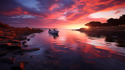 远洋大海中的大红紫色夕阳摄影图片