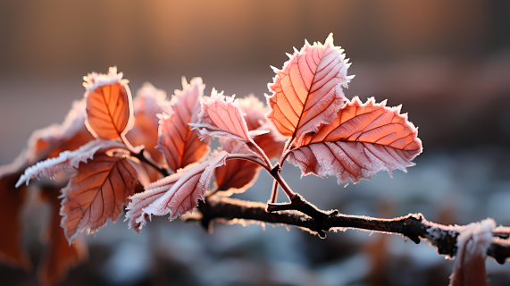 冬日寒霜覆盖下的三片枯叶摄影图片
